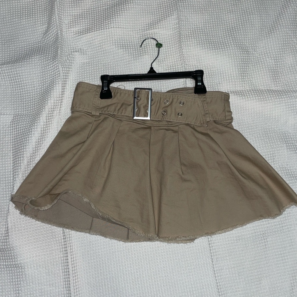 Tan Denim Pleated Skirt with Buckle